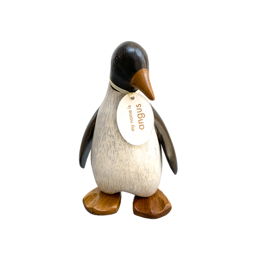 Handcrafted wooden Emperor Penguin with personalized name tag made from premium bamboo root, perfect for penguin lovers and collectors