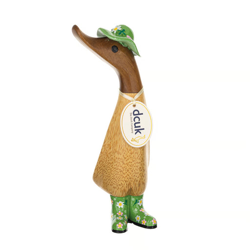 DCUK green duckling featuring a floral hat and charming patterned boots