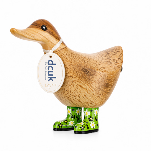DCUK hand-carved bamboo wooden ducky with green floral boots and name tag