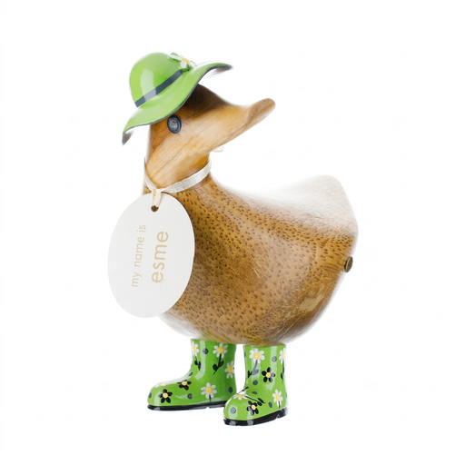 DCUK green floral hat and boots handcrafted bamboo root ducky