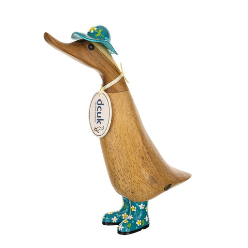 DCUK teal duckling with a floral hat and matching decorative boots