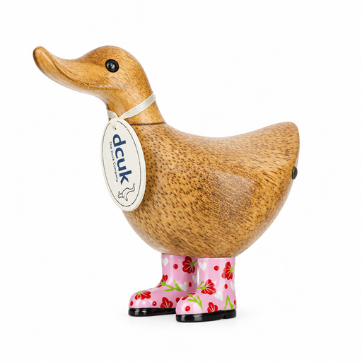 DCUK hand-carved bamboo wooden ducky with pink floral boots and name tag