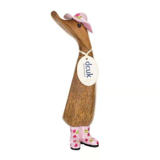 DCUK pink duckling dressed in a floral hat with coordinating boots