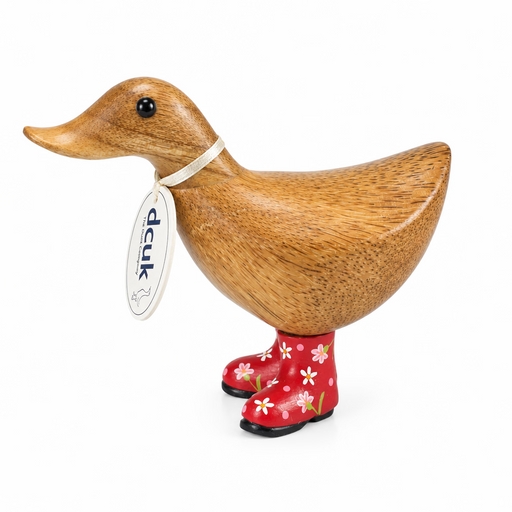 DCUK hand-carved bamboo wooden ducky with red floral boots and name tag