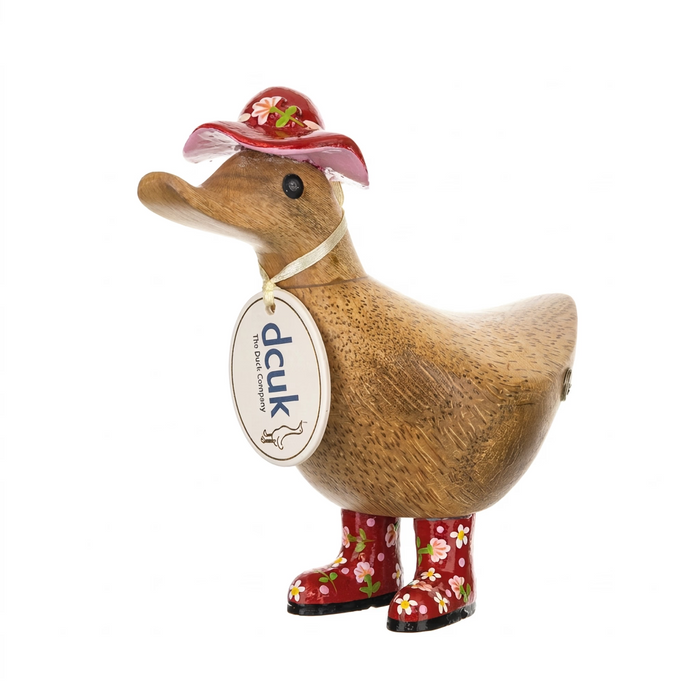 DCUK red floral boots and hat hand-painted bamboo root ducky