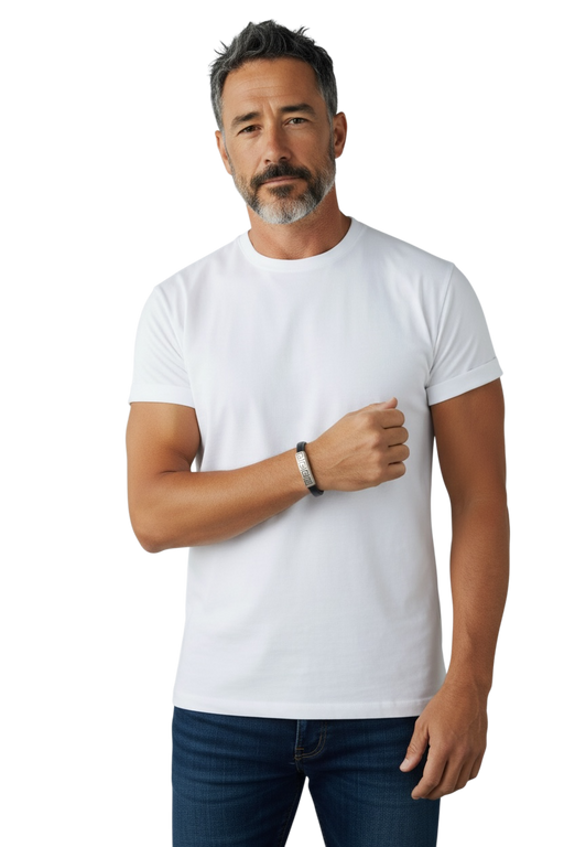 Man wearing a plain white t-shirt and dark jeans modeling the black silver greek key bracelet.