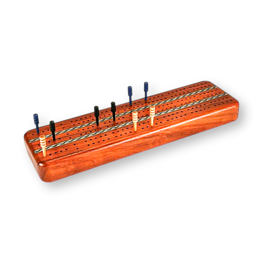 Padauk wood cribbage set for two players, featuring wood inlay, pegs, cards, and instructions.