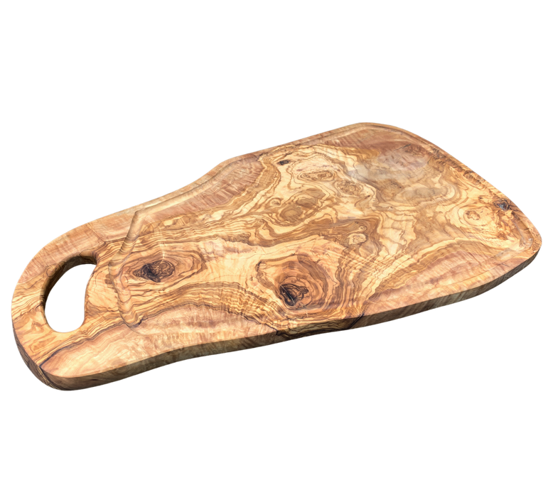 large olive wood cutting board with juice groove. It is a one-of-a-kind. Approximately 21-1/2 x  12 x 1/2 inches.