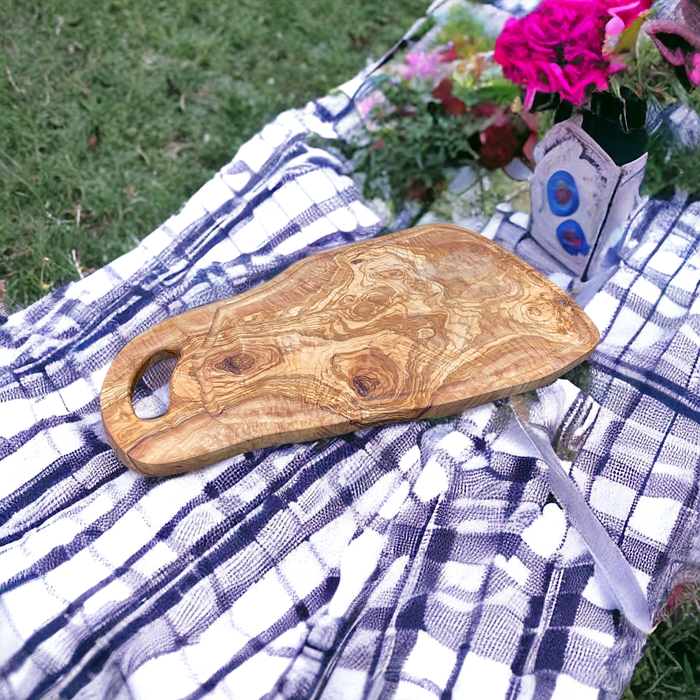 Large One-of-a-Kind Olive Wood Cutting Board with Grip Handle and Juice Groove (22-1/2 x 12 x 1/2 inch)