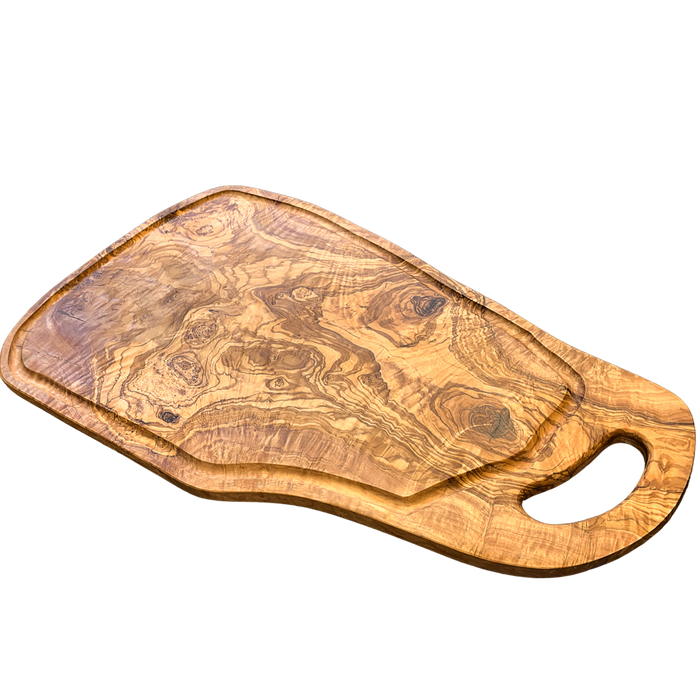 Large One-of-a-Kind Olive Wood Cutting Board with Grip Handle and Juice Groove (22-1/2 x 12 x 1/2 inch)