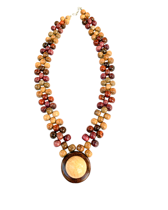 Beaded Diana Necklace in Exotic Woods with hat pendant, featuring intricate bead design and handcrafted from natural exotic woods.