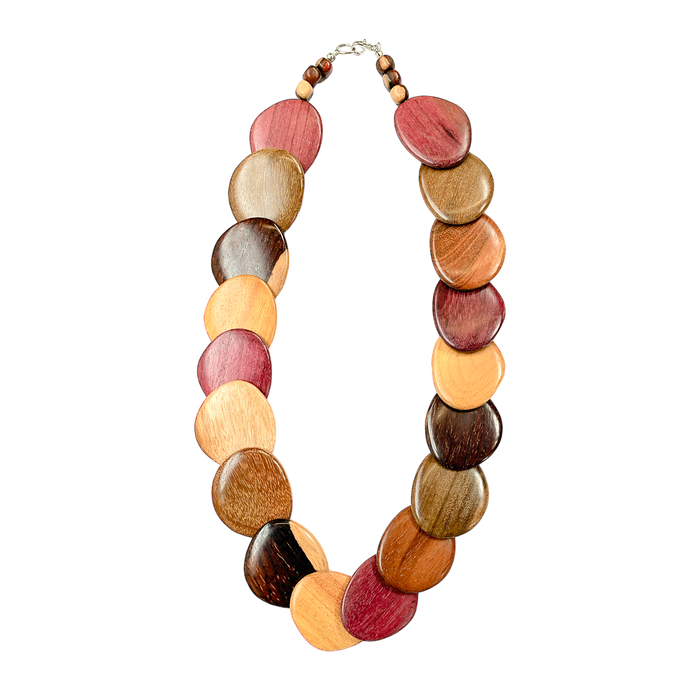 Colorful wood necklace Rachael in assorted woods with round beads.