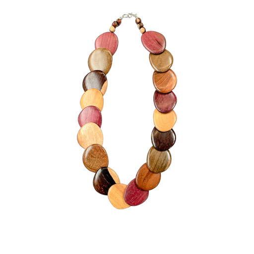 Colorful wood necklace with assorted wood tones in circular shapes forming a stylish and unique accessory