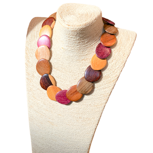 Wood Necklace Rachael in Assorted Woods displayed on a woven mannequin bust