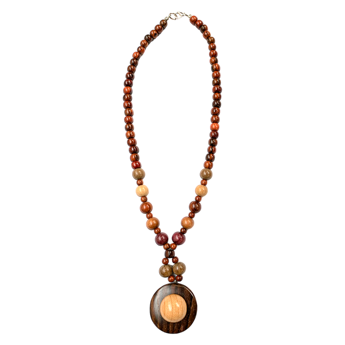 Handmade Necklace Elizabeth with assorted exotic woods, 22 inches long, featuring a unique pendant, perfect for accessorizing outfits.