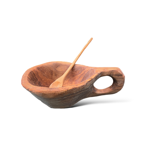 Rustic olive wood salt cellar with handle and tiny spoon