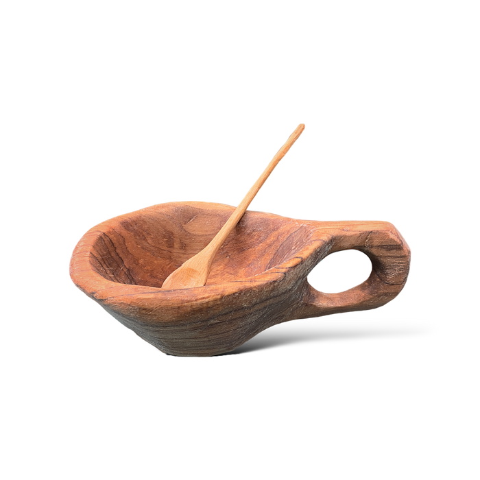 Rustic olive wood salt cellar with handle and tiny spoon