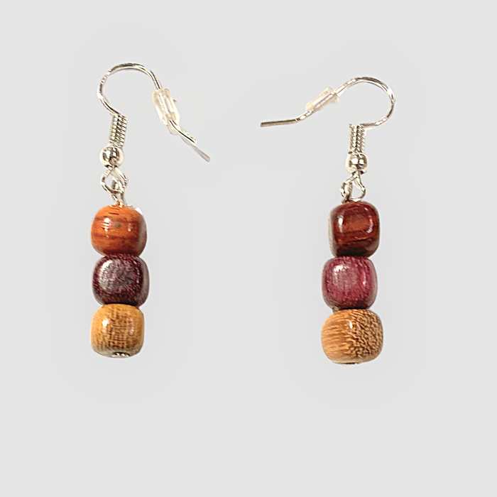 Small Three Bead Exotic Woods Earrings - Handmade Drop Style Jewelry with Natural Hues and Textures for Everyday Elegance and Sophistication
