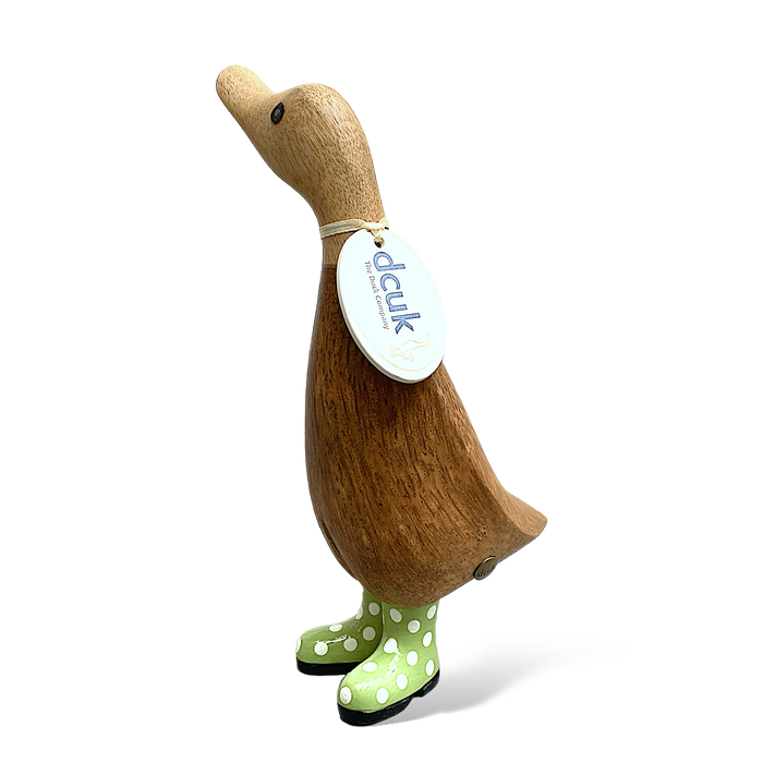 Handcrafted bamboo duckling with green spotty boots and a name tag, perfect for home decor or gifting.