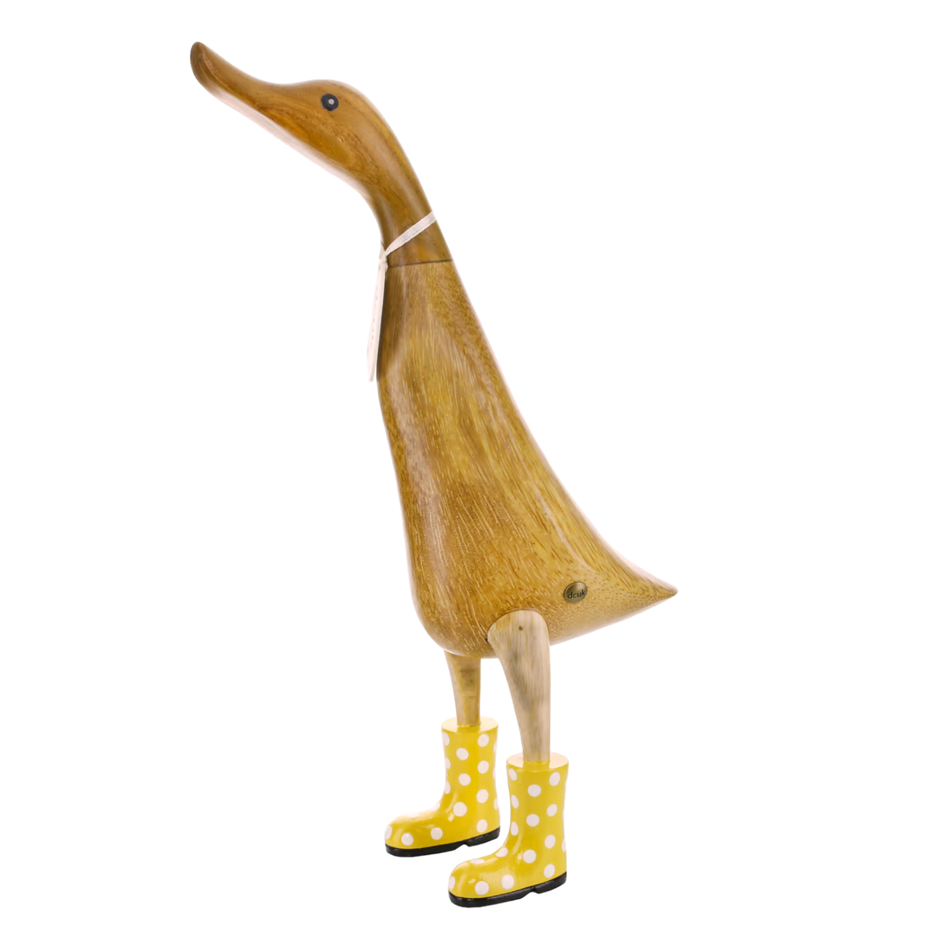 Teen duck in yellow boots, sculpted from sustainable bamboo root.