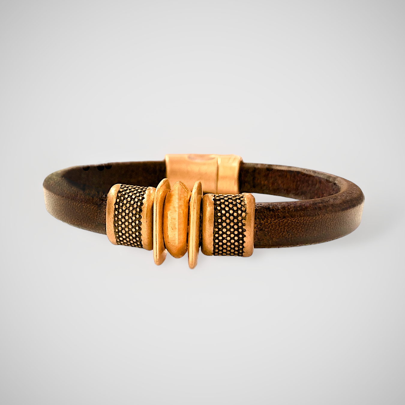 Handmade rolled leather bracelet with copper accents.  Crafted in the USA.