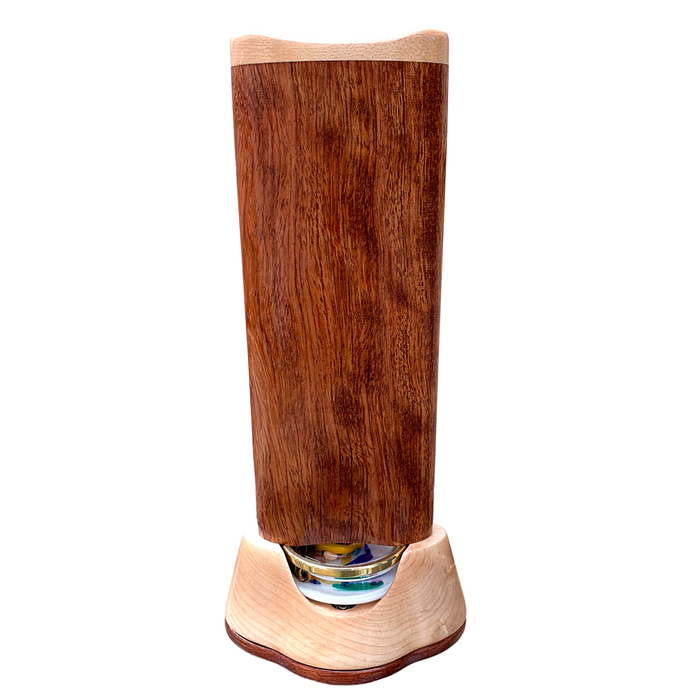 The Turniton Kaleidoscope by Henry Bergeson: 3-mirror scope with LED light and oil-filled object case. Bubinga body, maple wood trim. 11" tall x 4-3/4" long x 3-1/3" wide.