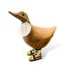 Cute wooden duck with name tag wearing bumblebee-patterned boots.