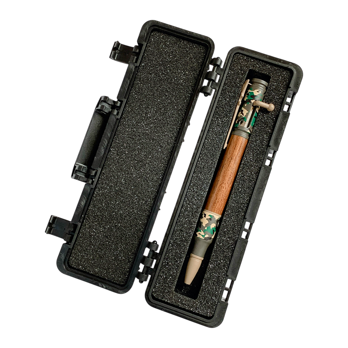 Handcrafted camo bullet pen with black tactical case, reclaimed Cape Fear river wood.