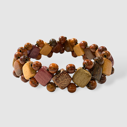 Wood Diamond and Bead Stretch Bracelet crafted from exotic woods in natural colors on elastic cord, versatile and chic.