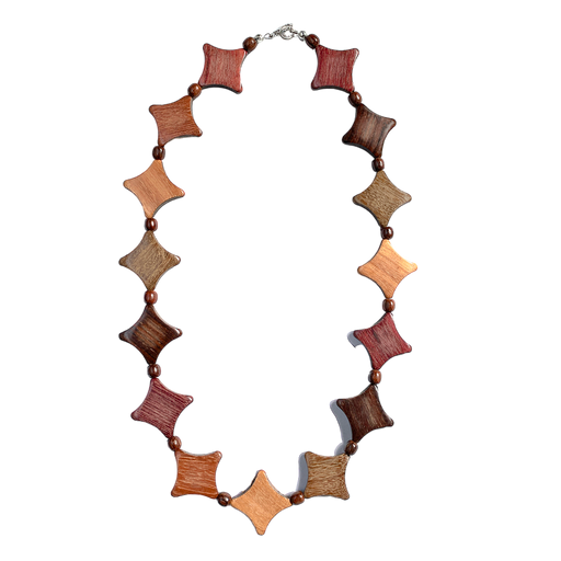Elegant Diamond Cut Wood Necklace in assorted woods with intricate design and tiny bead accents.
