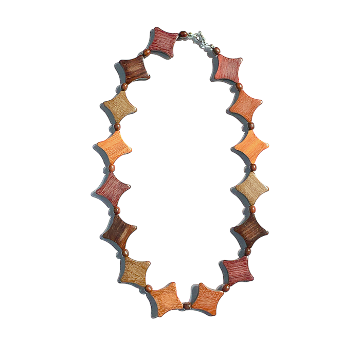 Elegant diamond cut wood necklace in assorted woods with tiny beads between each wood diamond, showcasing unique and natural style.