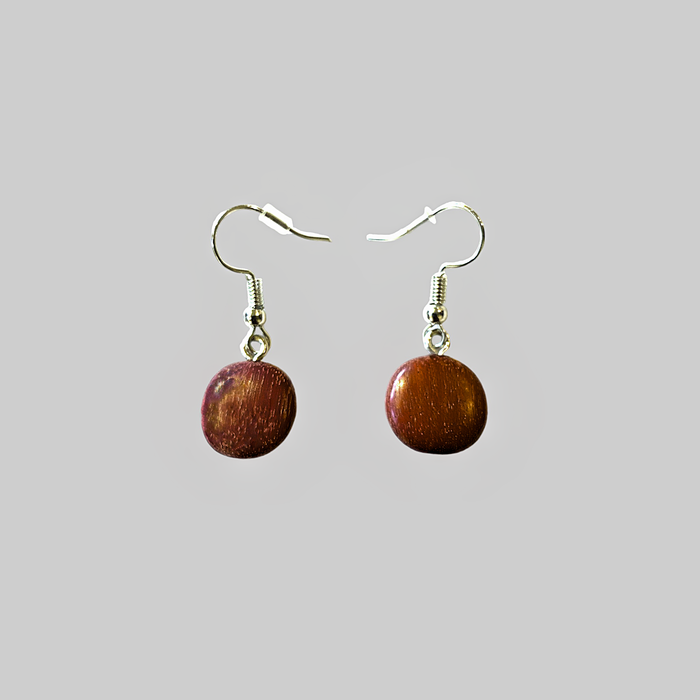 Catrina wood drop earrings with flat round bead in cocobolo wood - simple and elegant jewelry for everyday wear