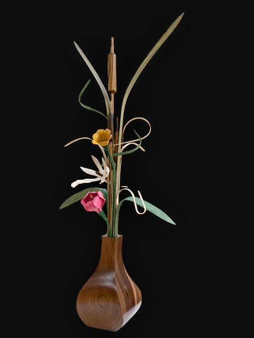Handcrafted wooden flowers in a walnut vase, inspired by Minnesota wildflowers, adding natural charm and lasting beauty to any space.
