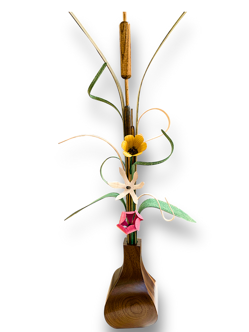Handcrafted wooden flowers in a walnut vase, inspired by Minnesota wildflowers, offering timeless beauty for home decor.