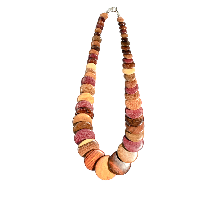 18 inch exotic woods necklace with overlapping discs.