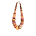 Handmade exotic wood necklace with overlapping discs in Purple Heart, Pau Amarillo, and Cocobolo wood, showcasing elegant craftsmanship.