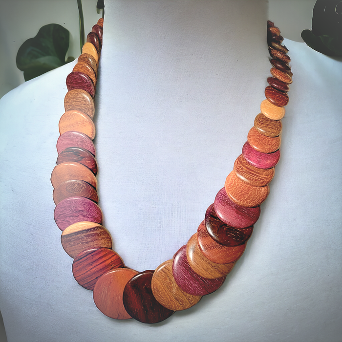 Exquisite Necklace in Exotic Woods with Overlapping Discs