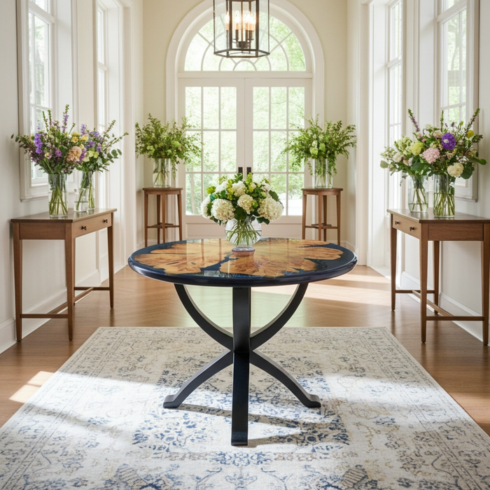 One-of-a-Kind Boxelder Burl & Blue Epoxy Round Pedestal Table