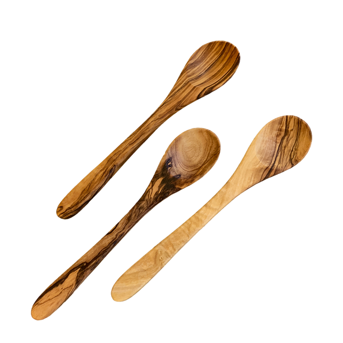Group of 3 8-inch olive wood spoons. Buy now at Barouke-The Woodcrafters Gallery,