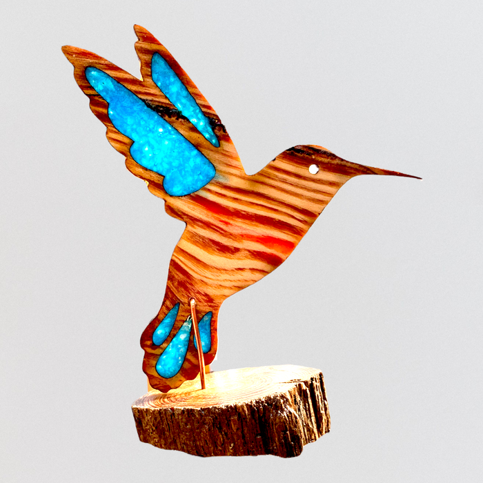 Hummingbird Sun Catcher - Florida Pinewood with Aqua Blue Accents