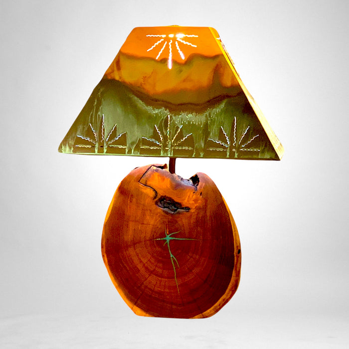 Wood Table Lamp with Turquoise Inlay - Copper Shade