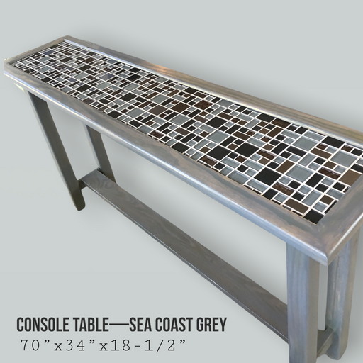 A hand crafted light grey wooden console table grey with tiled-top in grey and black colors.  Dimensions: 70 x 34 x 18.5 inches.