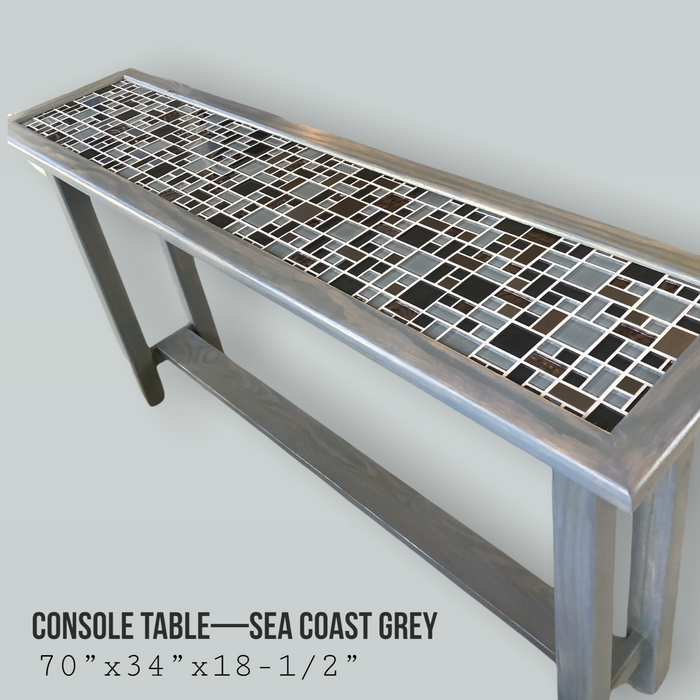 A hand crafted light grey wooden console table grey with tiled-top in grey and black colors.  Dimensions: 70 x 34 x 18.5 inches.