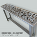 A hand crafted light grey wooden console table grey with tiled-top in grey and black colors.  Dimensions: 70 x 34 x 18.5 inches.