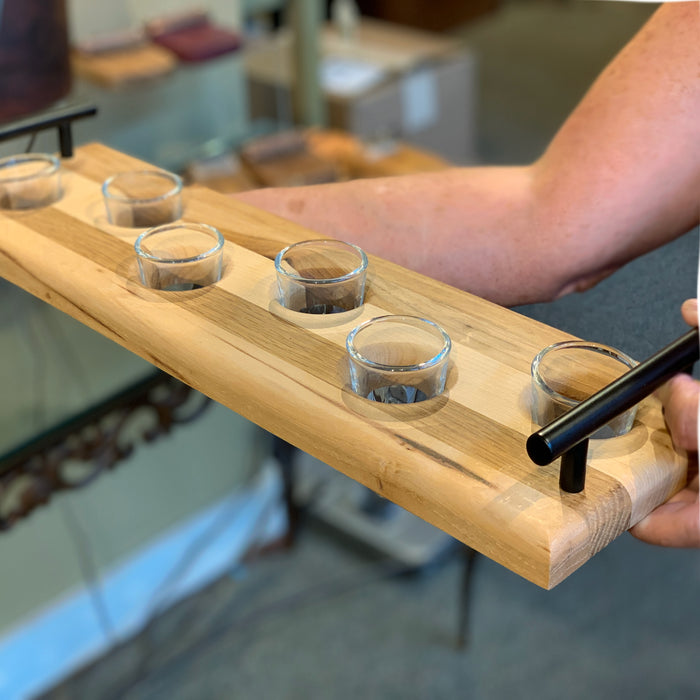 Shot Glasses for 6 | Whiskey Flight Glasses | Wood Server with Handles - Barouke - The WoodCrafters Gallery