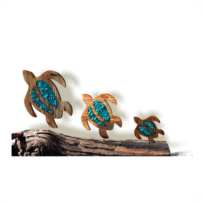 Handmade 3-Turtle Sun Catcher with Aqua Green Epoxy Accents - Barouke - The WoodCrafters Gallery