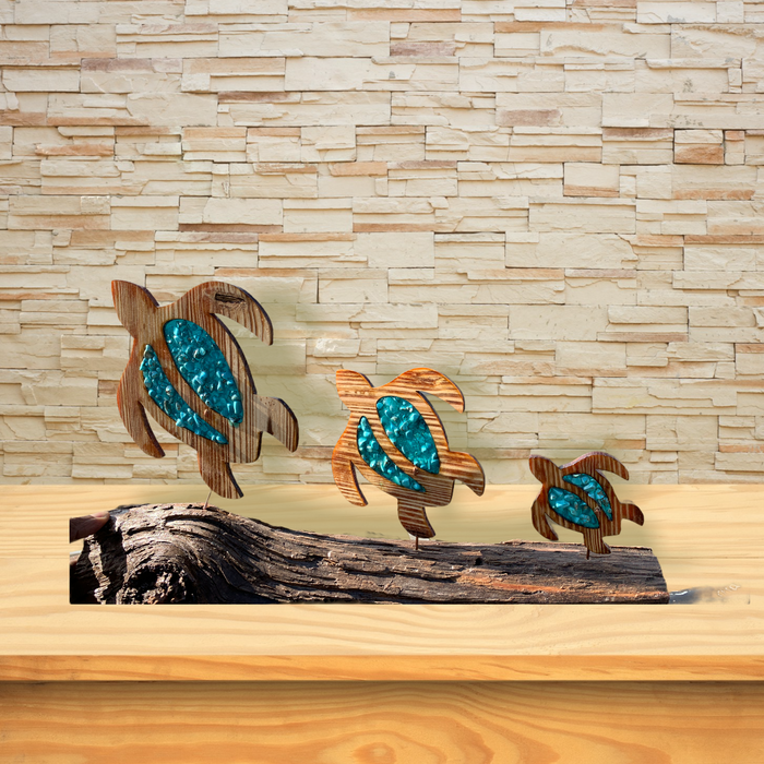 Handmade 3-Turtle Sun Catcher with Aqua Green Epoxy Accents - Barouke - The WoodCrafters Gallery