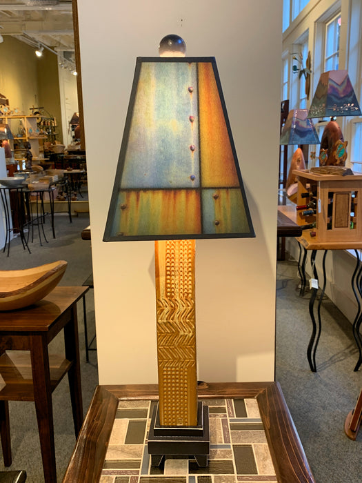 Ceramic Lamp with Blue and Tan art Paper Shade - Handmade in the USA