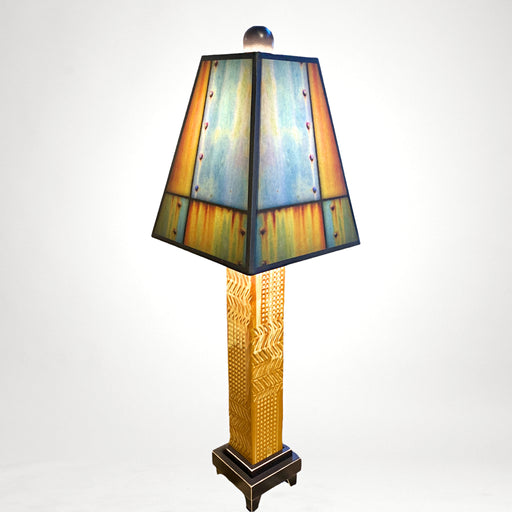 Yellow Handmade Ceramic Lamp with Blue and Tan art Paper Shade