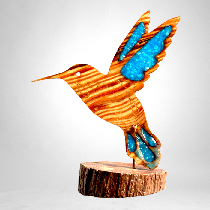 Hummingbird Sun Catcher - Florida Pinewood with Aqua Blue Accents